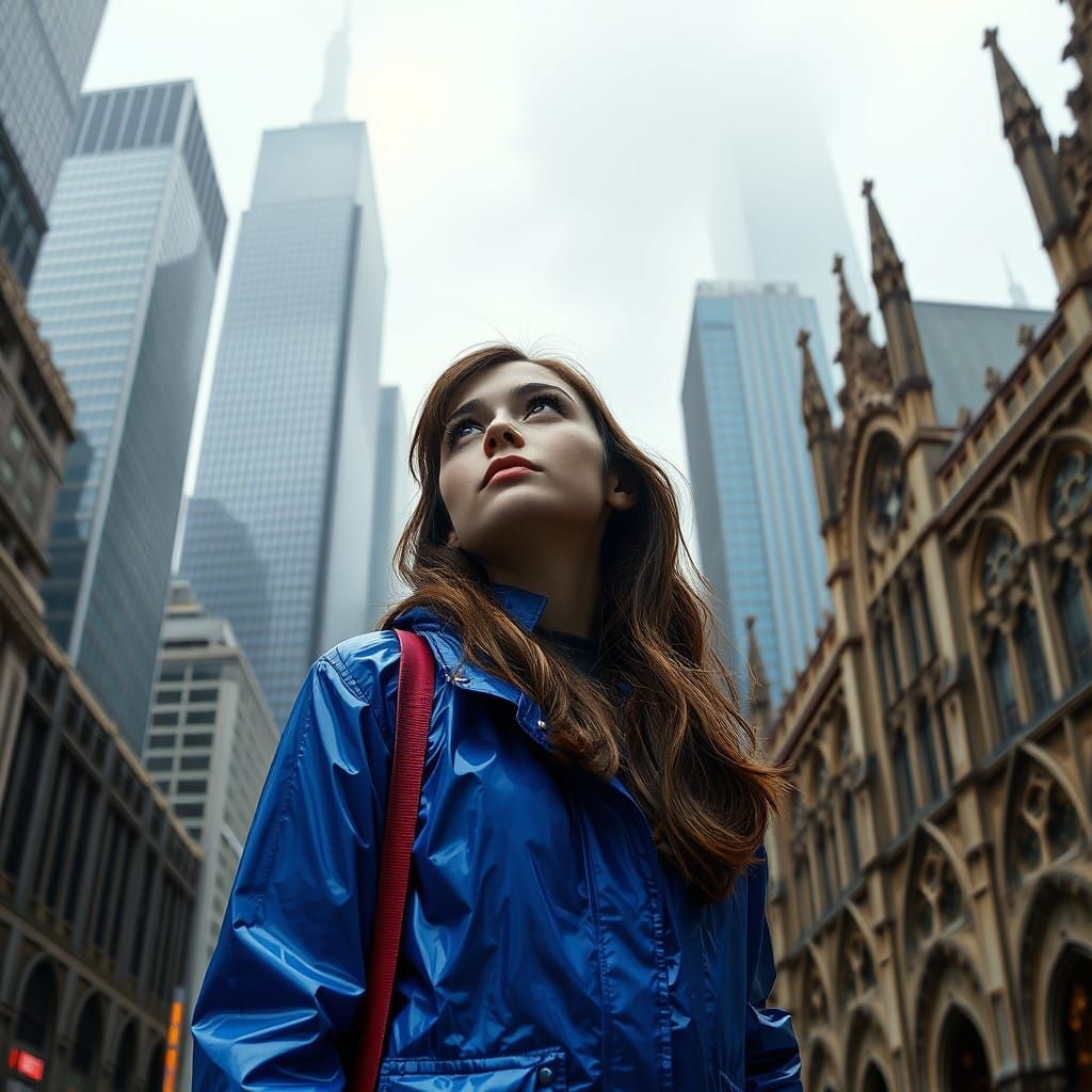 A Woman Lost in Wonder Amidst a Futuristic Cityscape