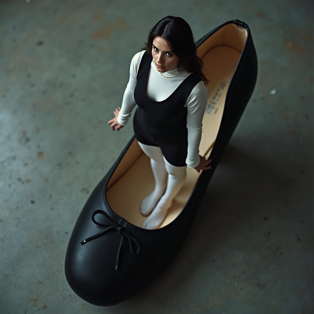 Elegant Woman Dwarfed by Giant Ballet Shoe