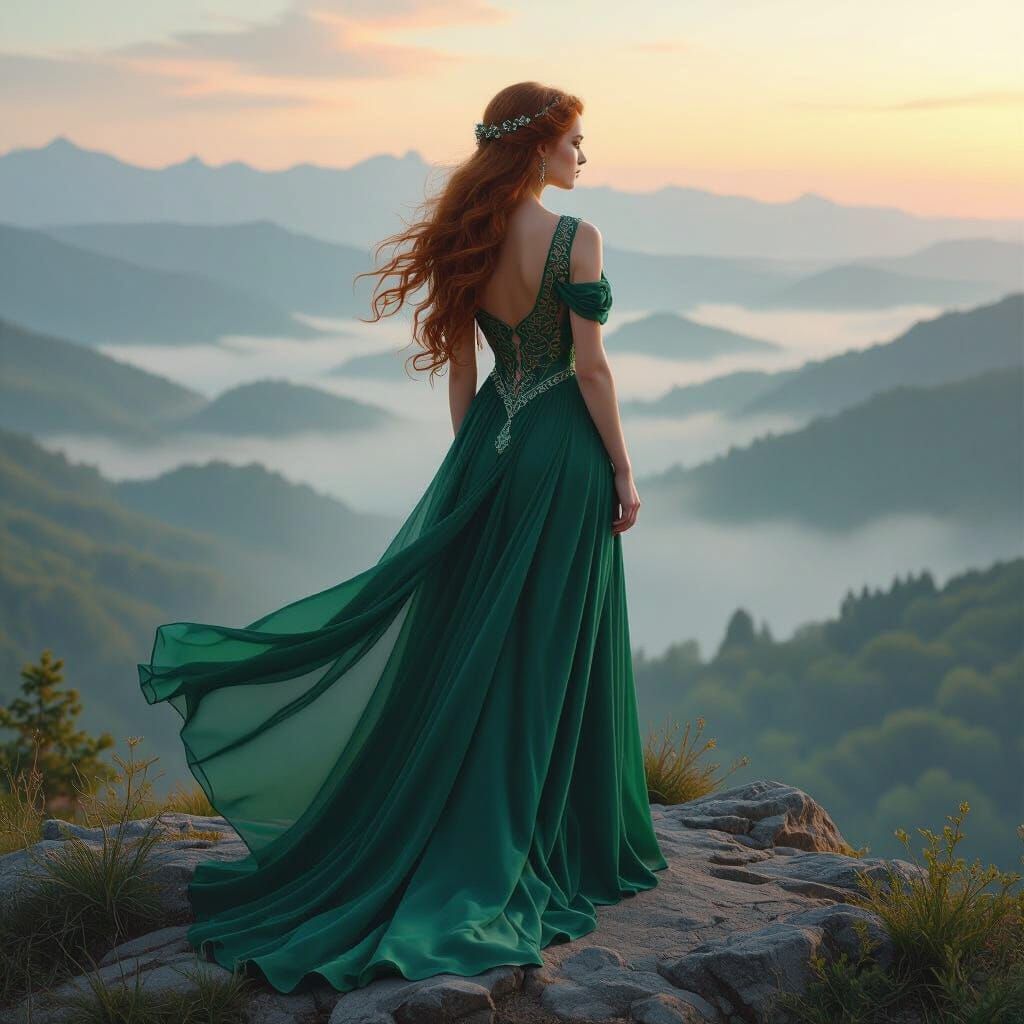 Celtic Maiden Overlooking Misty Valley as Digital Art