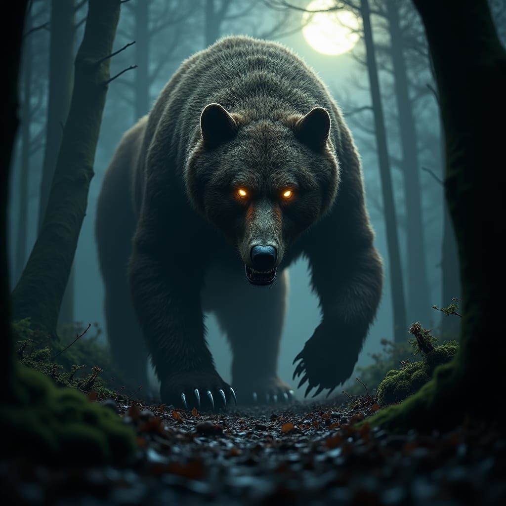 Frightening Bear-Wolf Hybrid in Dark Forest