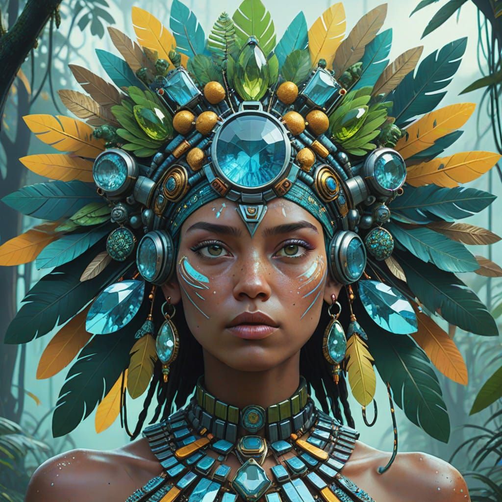 Amazonian Gemstone Tribe Member amidst Vibrant Jungle Enviro...