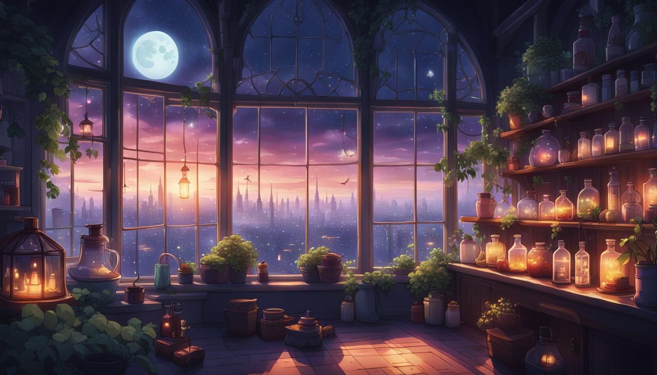 Enchanting Fantasy Cityscape with Witchy Home, Anime Style