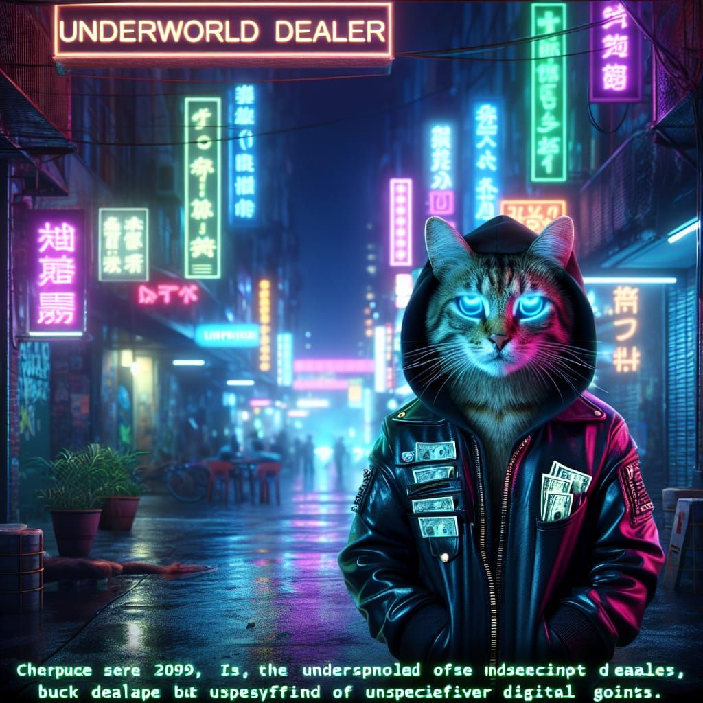 Cyberpunk Cat Dealer in Neon Cityscape