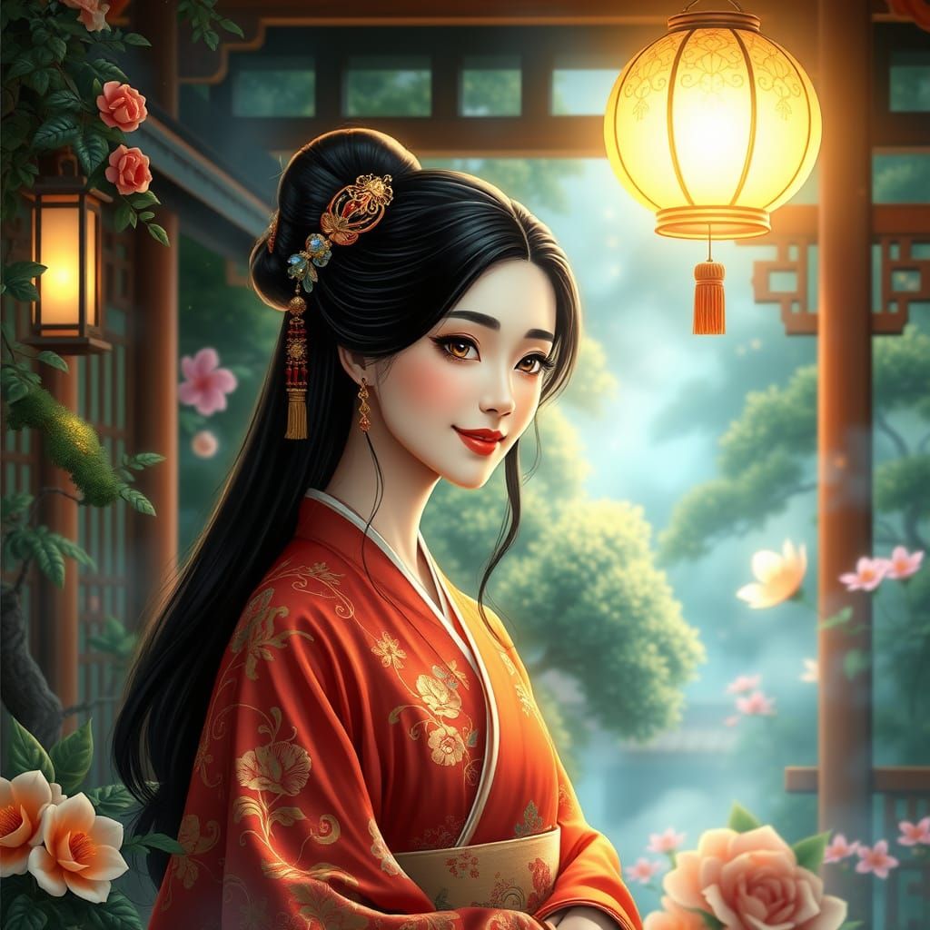 Serene Chinese Noblewoman Amidst Whimsical Garden
