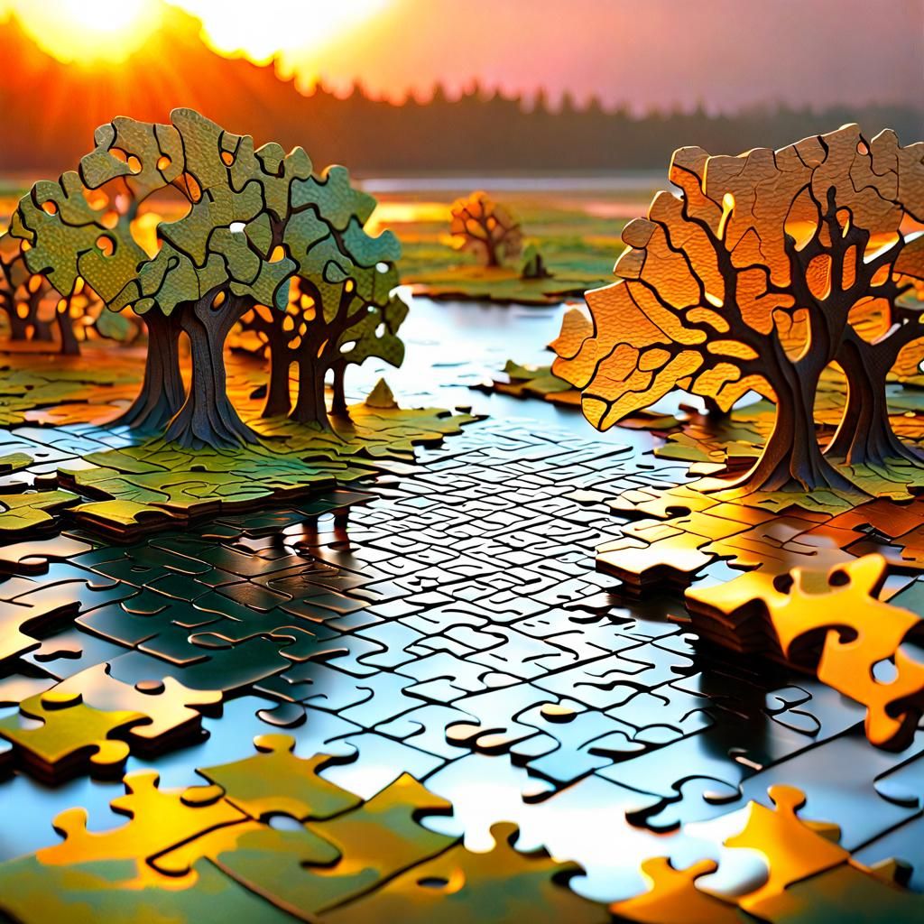 Surreal Puzzle Landscape of 3D Puzzle Pieces