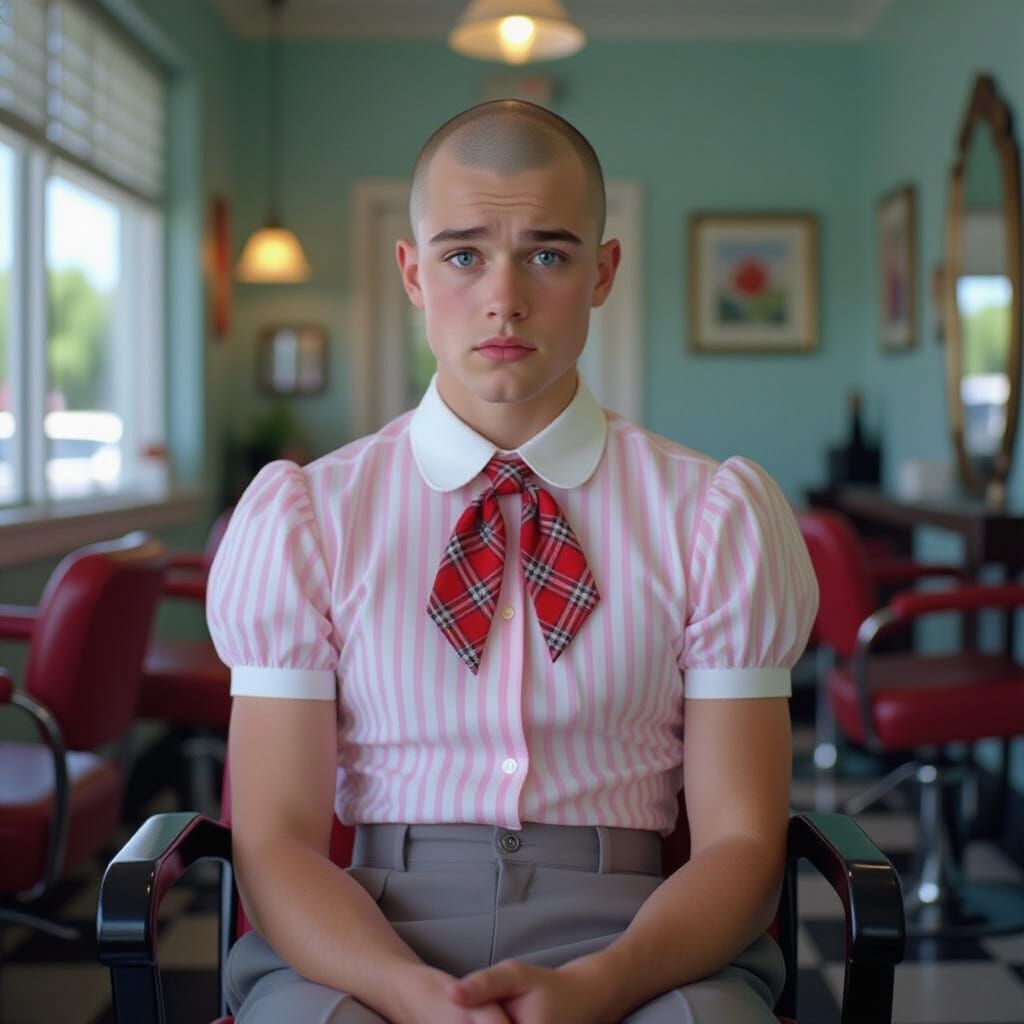 Terrified Man in Barber Shop: Cinematic Film Still