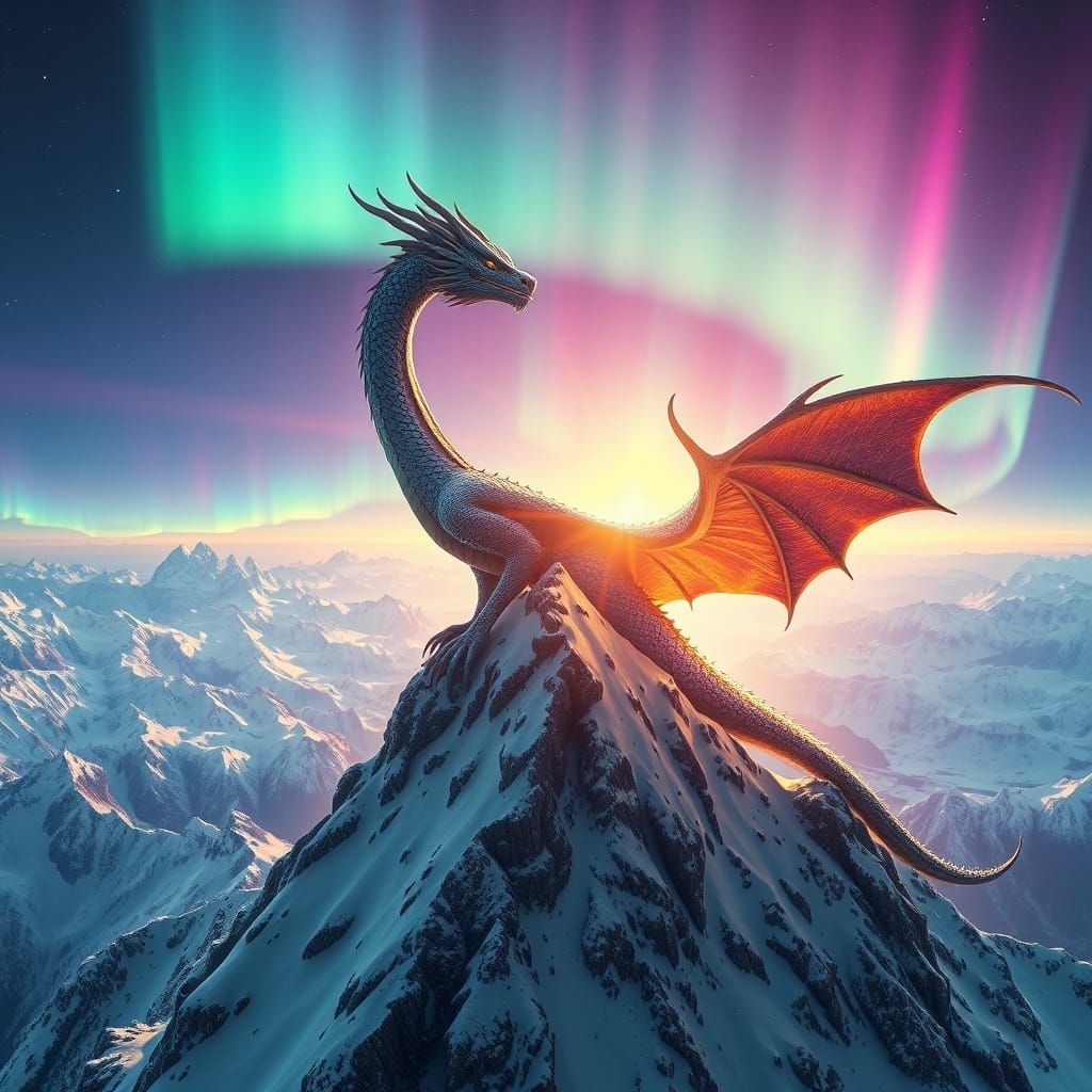 Ethereal Dragon Reigns Over Snowy Peaks in Fantasy Art