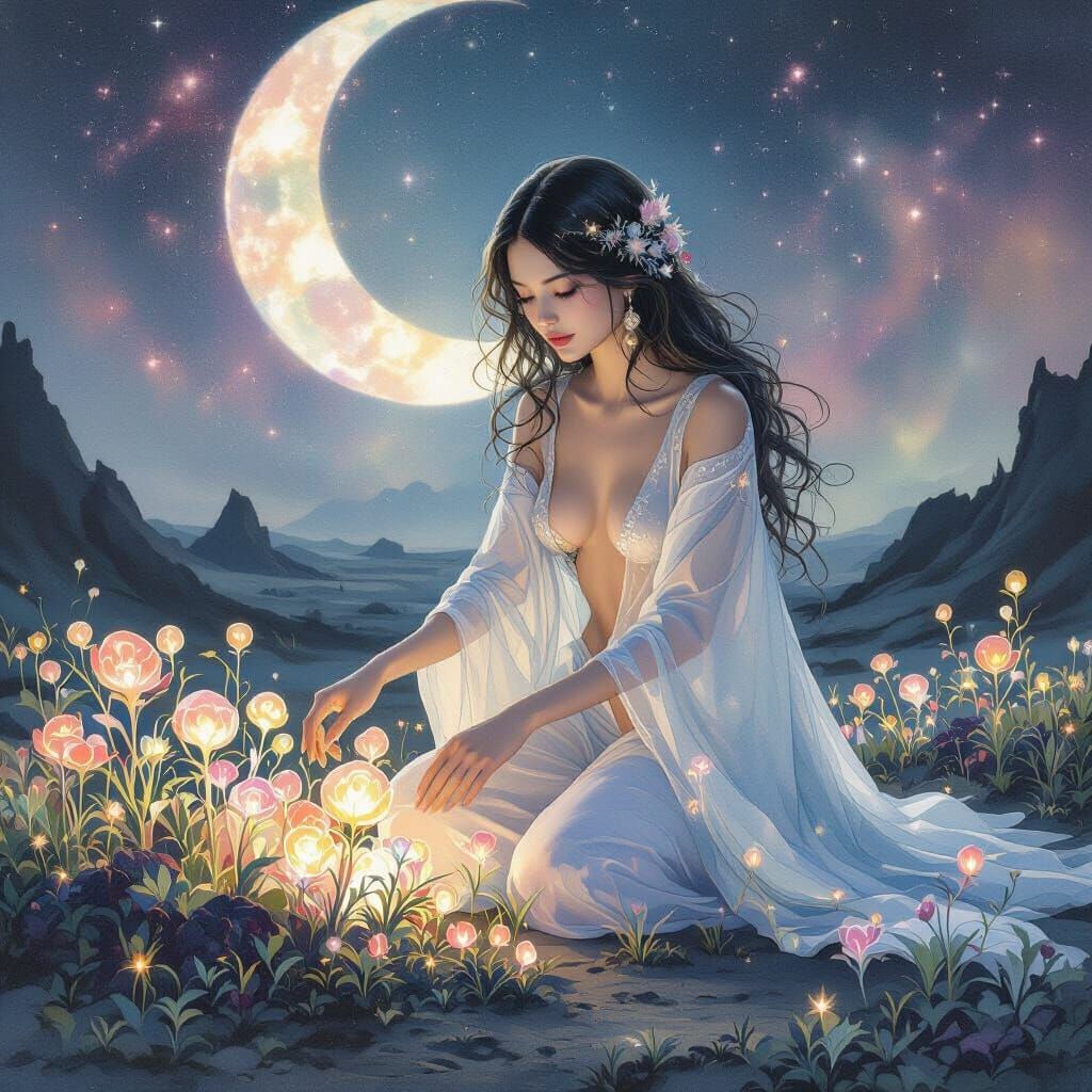 Ethereal Sorceress Tends Alien Garden on Moon