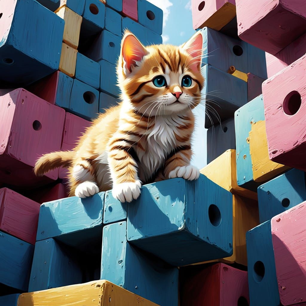 Majestic Feline Conqueror in Vibrant Cubic Realm