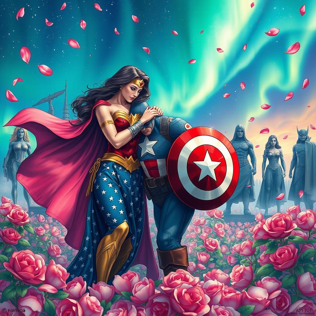 Wonder Woman Comforts Captain America in a Celestial Rose Ga...