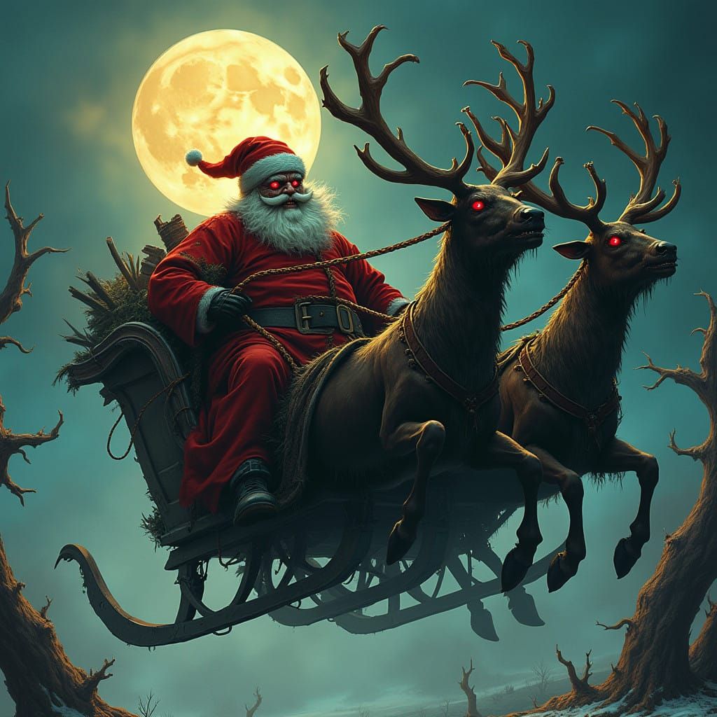 Dark Santa Claus Soars on Demonic Reindeer Through Apocalypt...