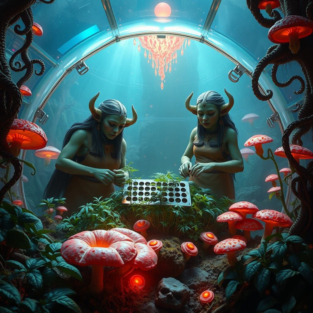 Earthly Female Orcs Nurture Lush Garden within Iridescent Ge...