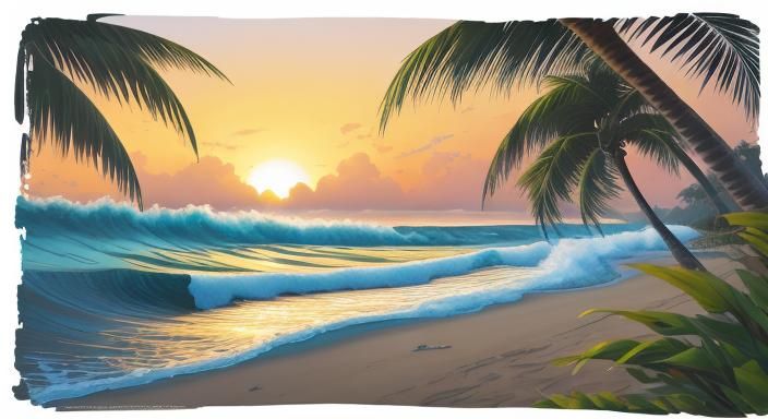 Serene Surfer Contemplates Wave in Tropical Landscape