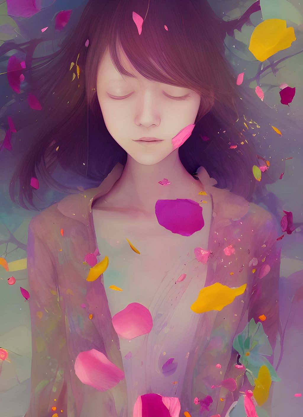 Girl Transforms to Flower Petals: Digital Illustration