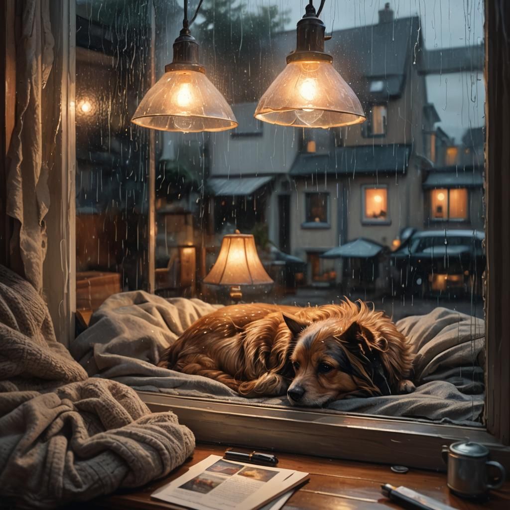 Cozy Rainy Night Nook in Hyperrealistic Oil Painting