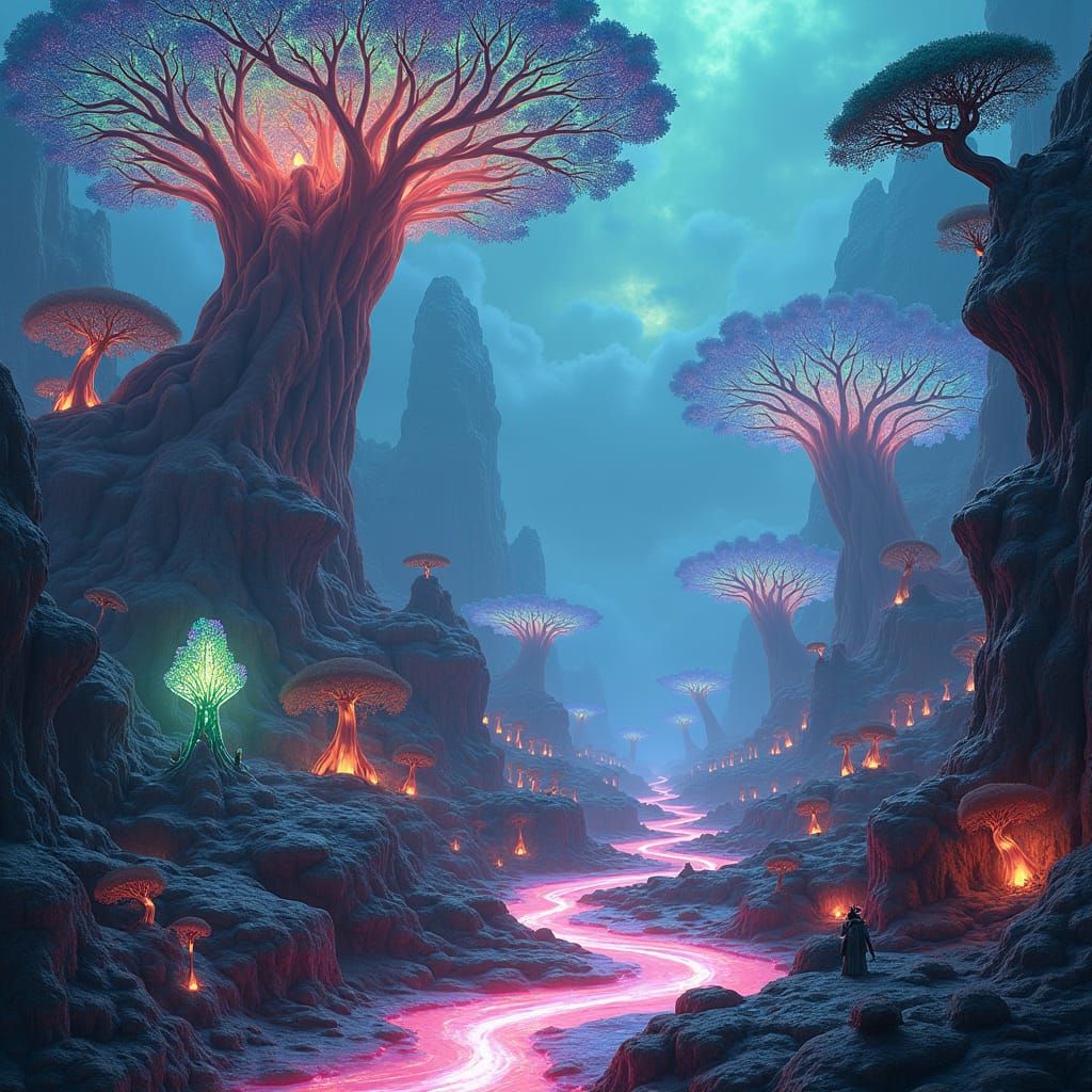 Luminous Alien Ecosystem with Crystalline Trees