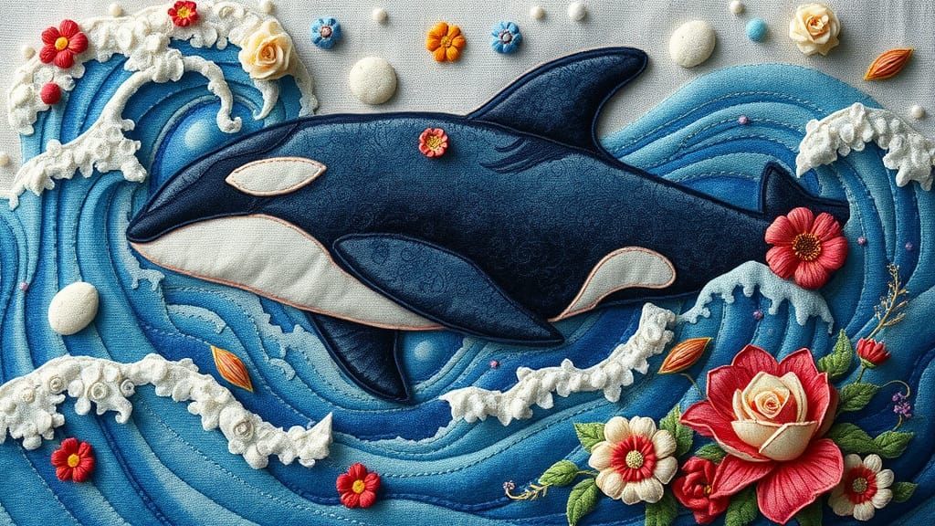 Mystical Orca Whale in Embroidered Ocean Waves