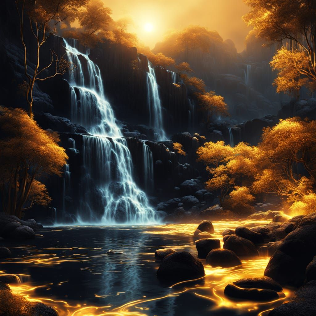 Golden Saint Illuminates Waterfall in Fantasy Art