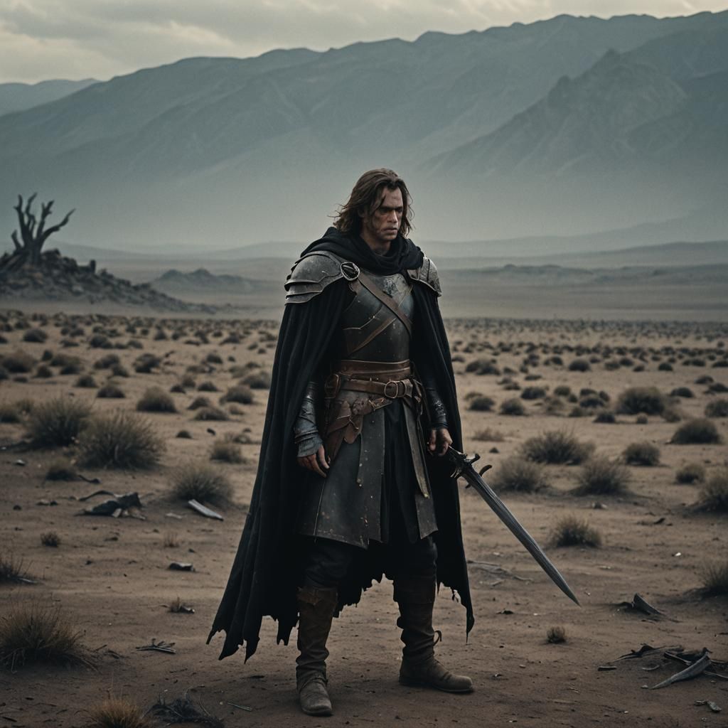 Lone Warrior in Desolate Land: Cinematic Film Still