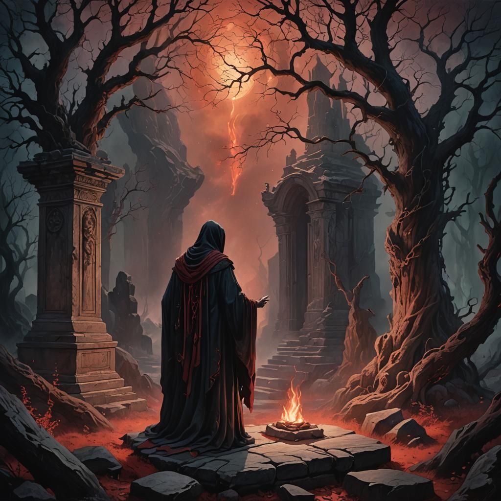 Eerie Forest Altar: Dark Fantasy in Colored Pencil