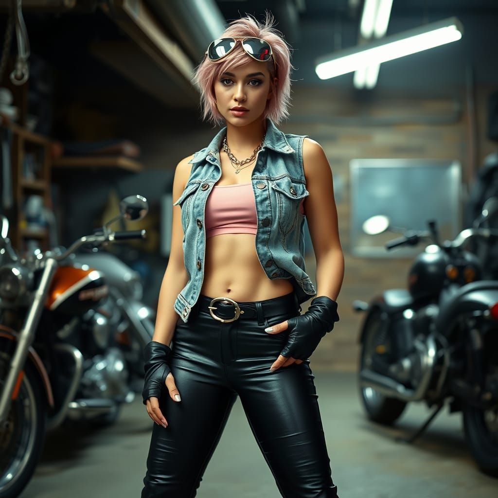 Sultry Biker Babe in Moody Garage Setting