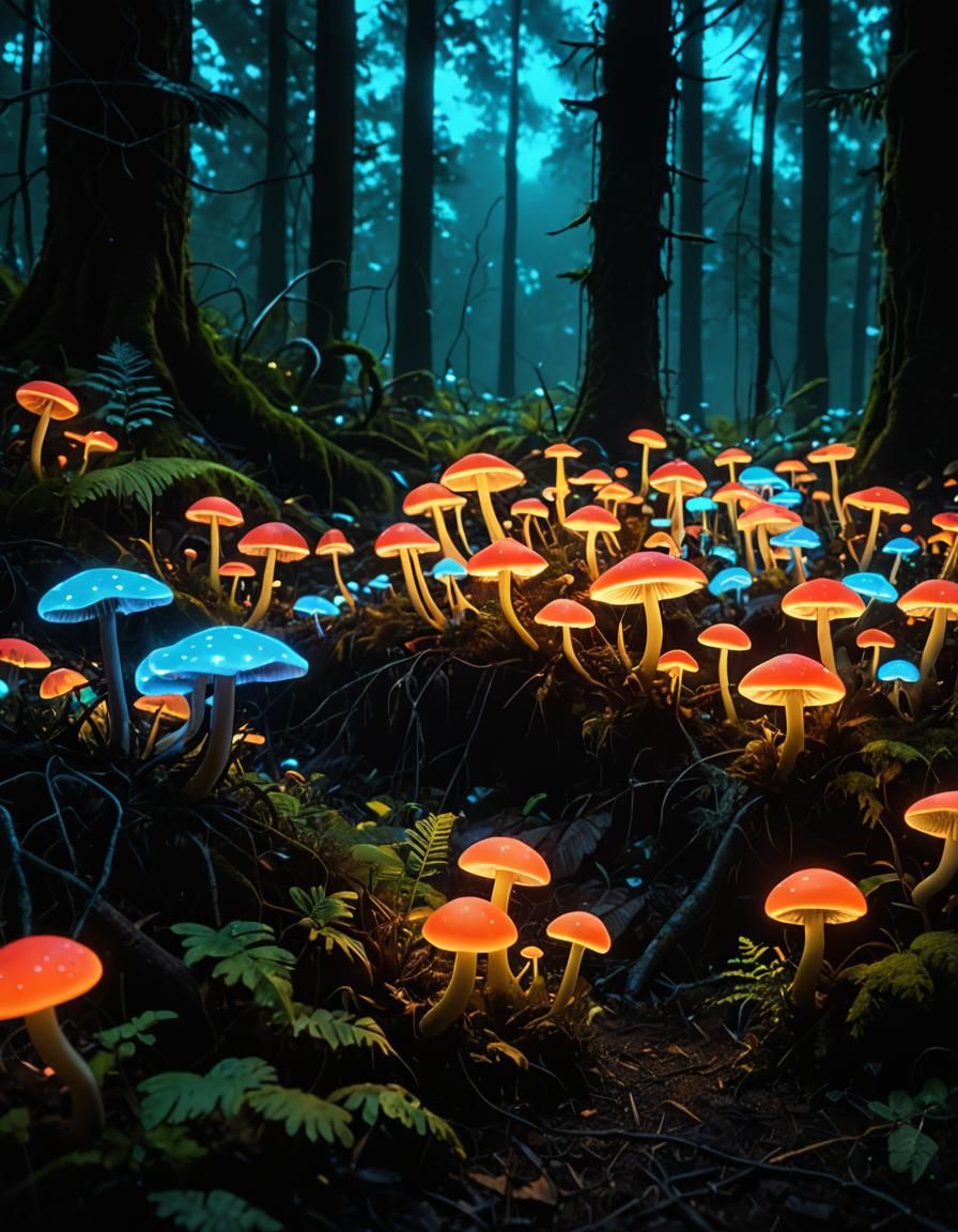 A dark forest scene with glowing, fluorescent mushrooms lighting up the ground.
Bold, abstract designs with neon colors ...