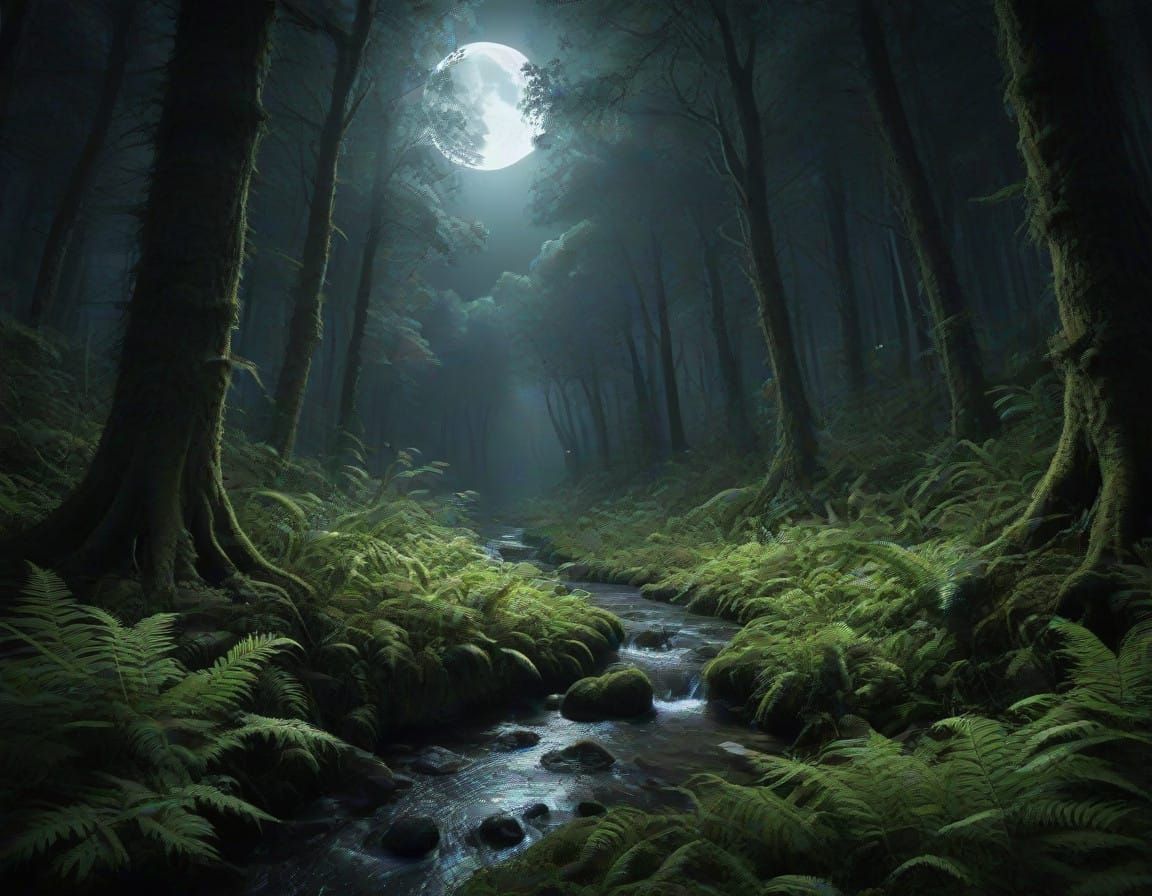 Mystical Forest under an Alien Moonlit Sky