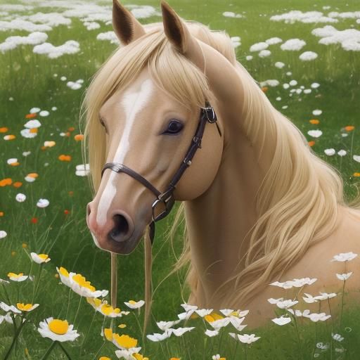 petite fille blonde, yeux marron,cheval, marguerites