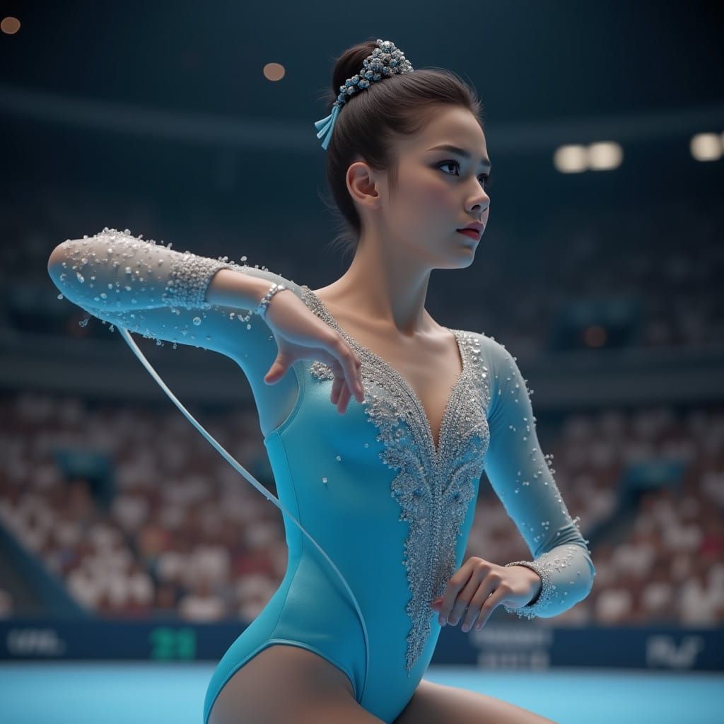 Hyperrealistic Portrait of Rhythmic Gymnast in Sky Blue Leot...