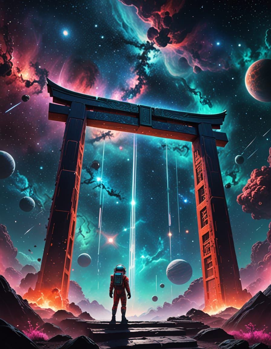 Torii Gates in Space with Glowing Astronaut