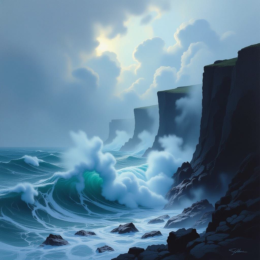 Turbulent Sea Crashing on Cliffs as Oil Painting