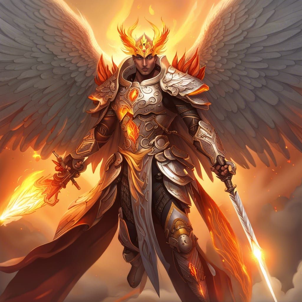 Angel Warrior with Flaming Spear Soaring Above Clouds