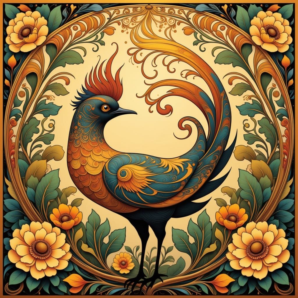 Stylized Bird in Folk Art Nouveau Style with Flowers and Vin...