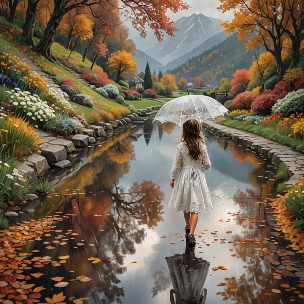 Rainy Garden Path with Girl in White Dress