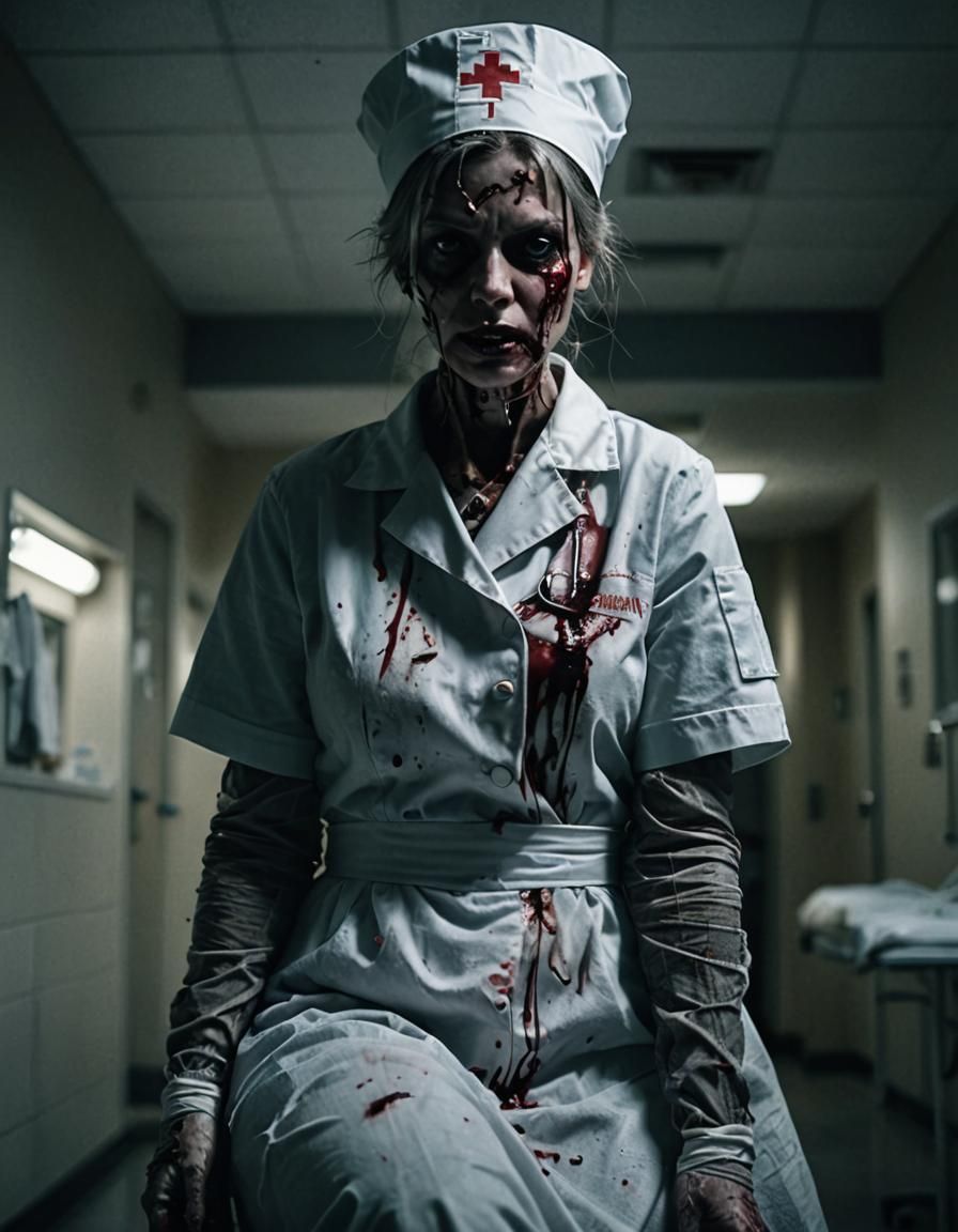 Dark Fantasy Horror Scene with an Evil Nurse in a Bizarre Po...