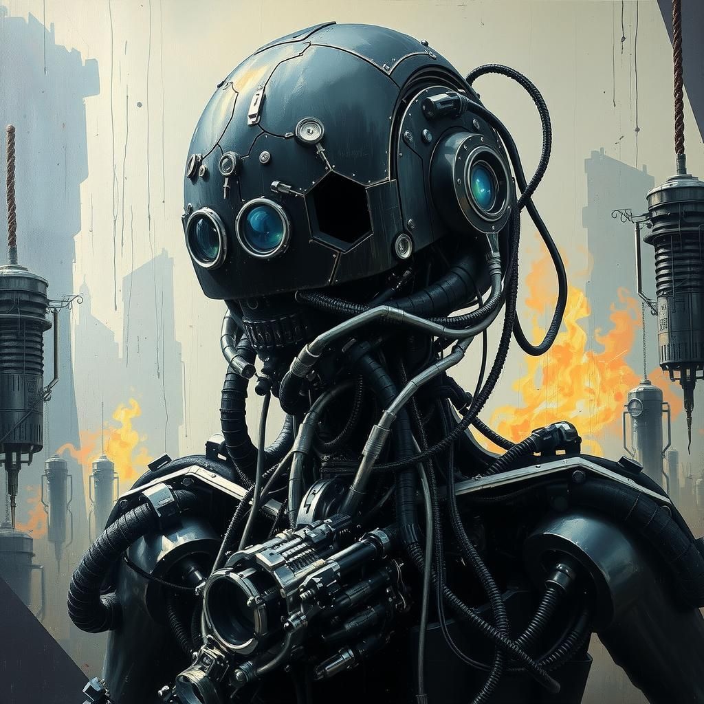 Mechanical Human in Dystopian Oil Painting Style