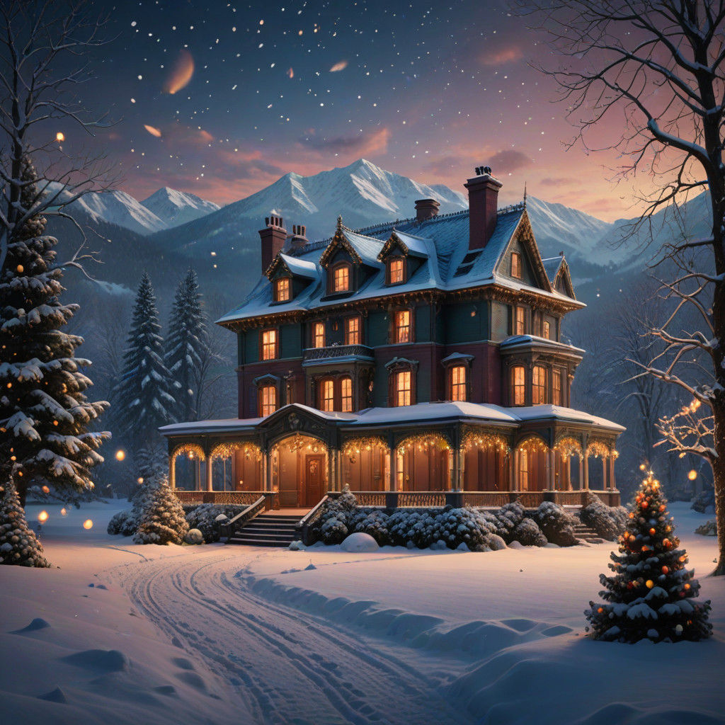 Grand Country House Christmas Wonderland in Snowy Landscape