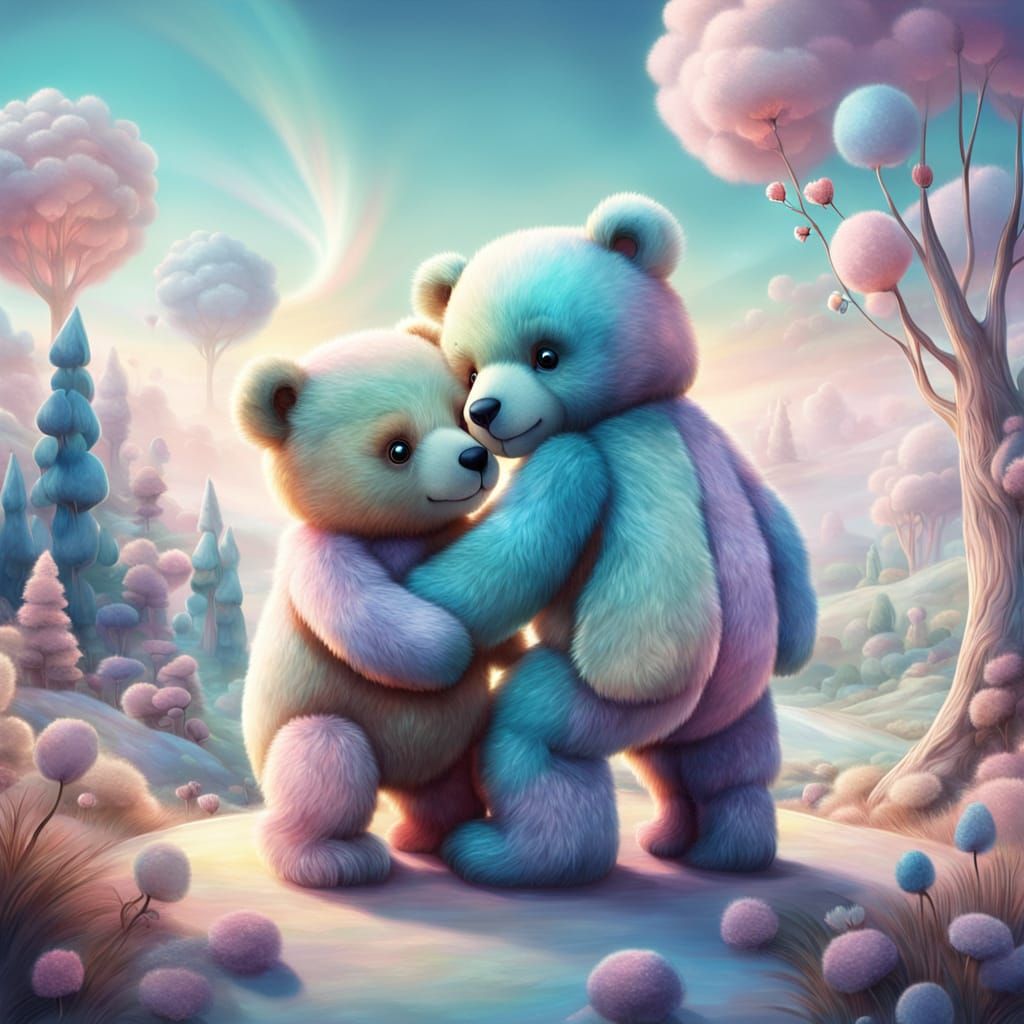 Two Fluffy Teddy Bears Embrace in Surreal Landscape
