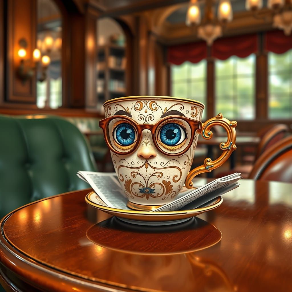 Whimsical Coffee Cup Character in Cafe