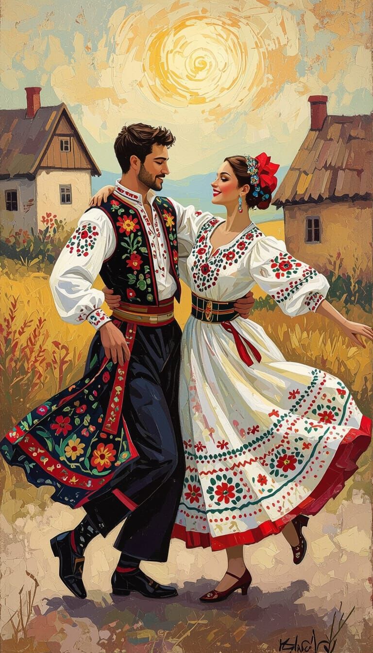 Lively Lithuanian Folk Dancers in Village Setting