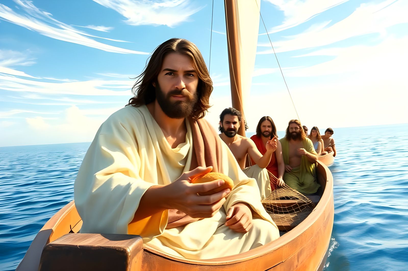 Jesus Christ and Disciples Fishing, Watercolor Style