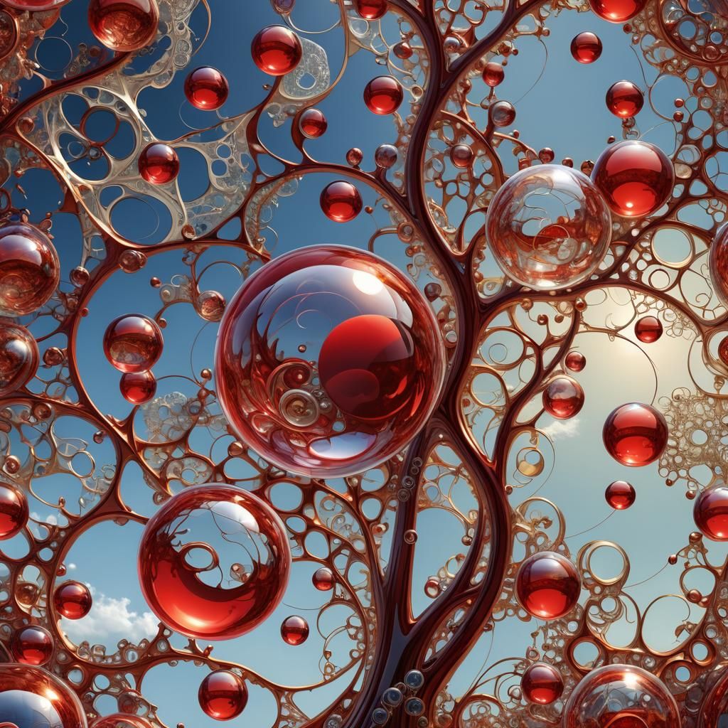 Abstract Fractal Art with Red Bubbles in Landscape