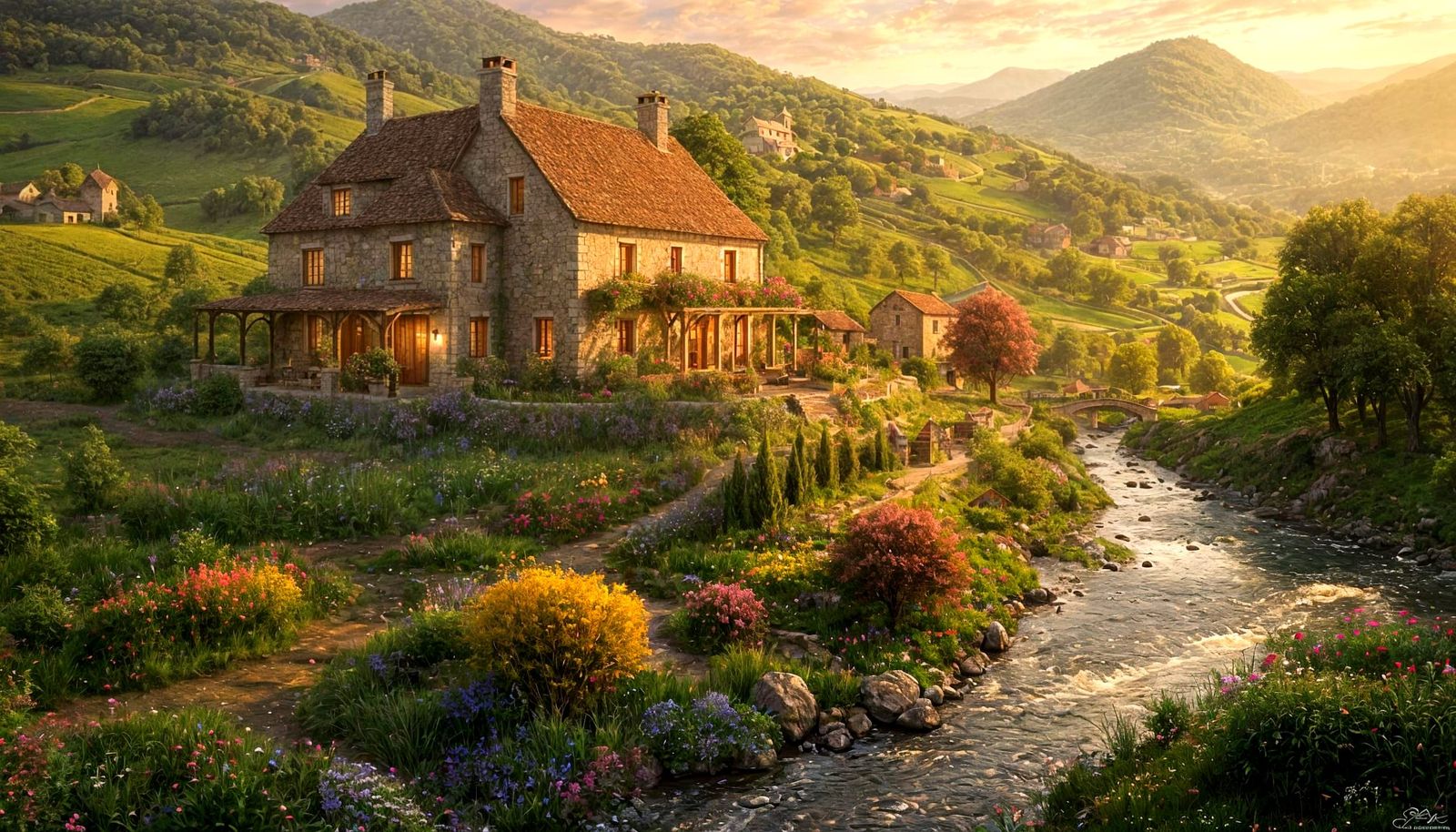 French Countryside at Sunset: Vineyards, River, and Farmhous...