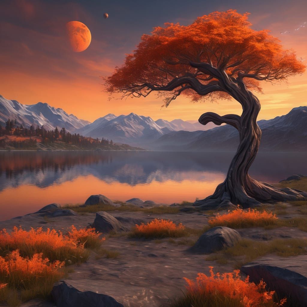 Vibrant Autumn Masterpiece with Majestic Tree and Fiery Suns...