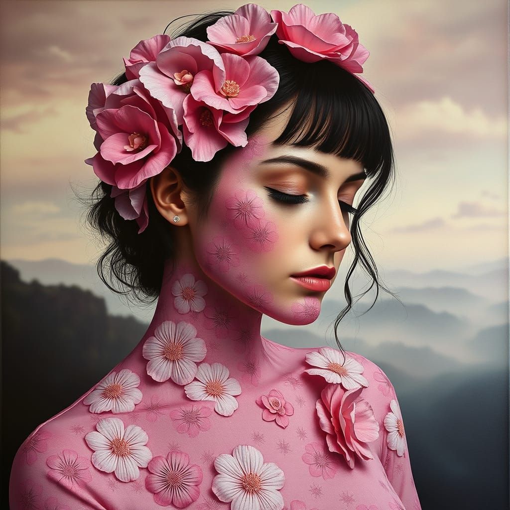 Psychedelic Floral Portrait of a Pensive Woman