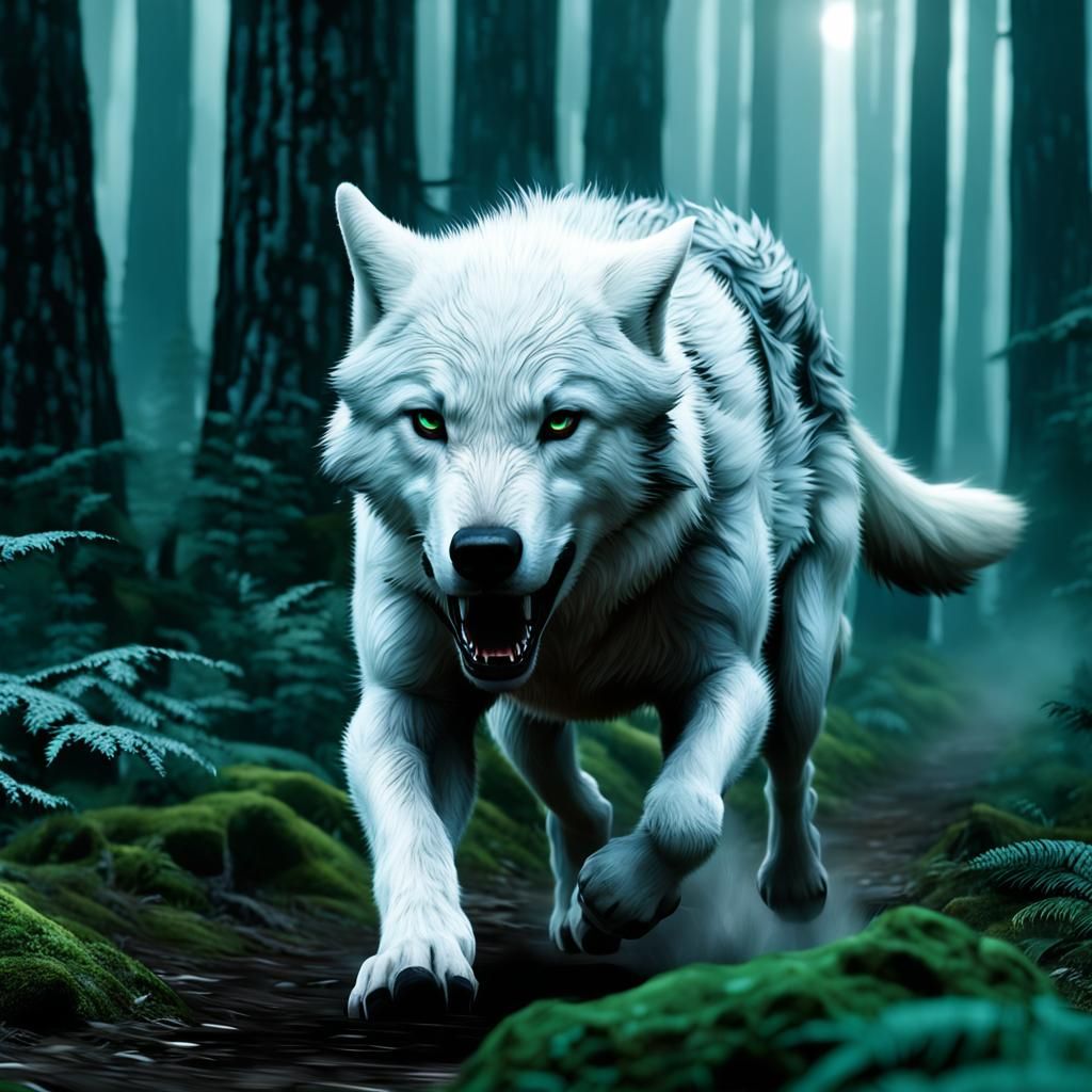 White Wolf Running Through Forest: Cinematic Digital Paintin...