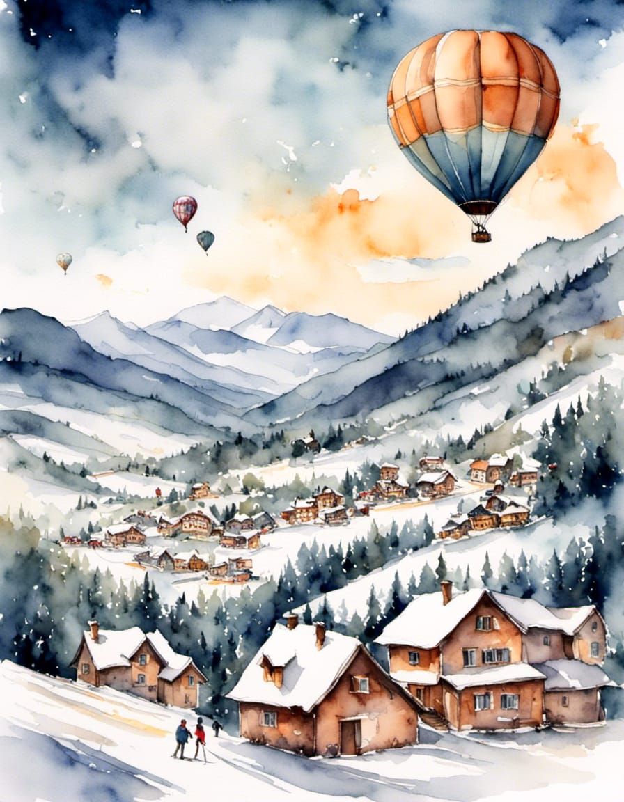 Hot Air Balloon Over French Ski Resort