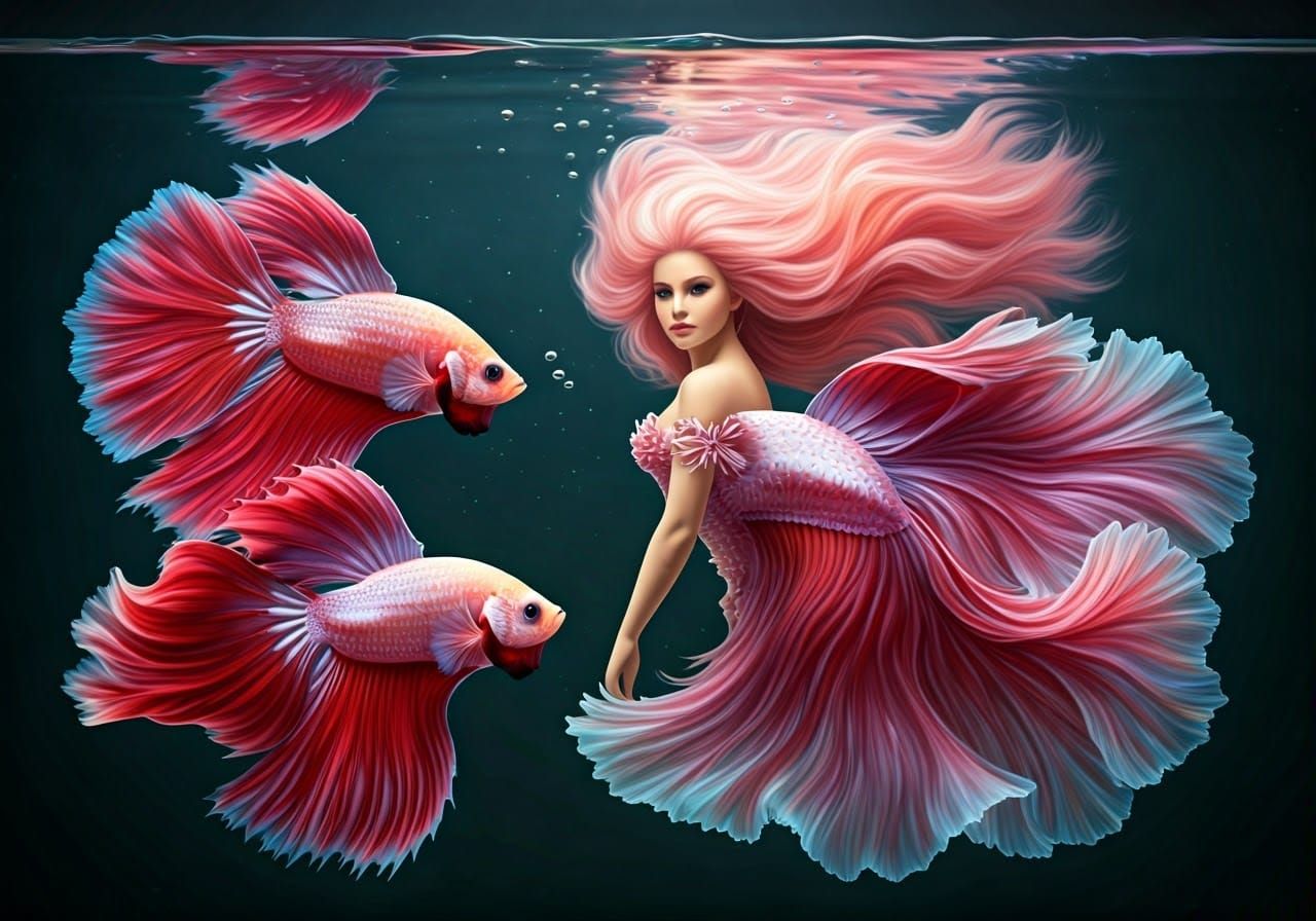 Pink Mermaid Surrounded by Betta Fish