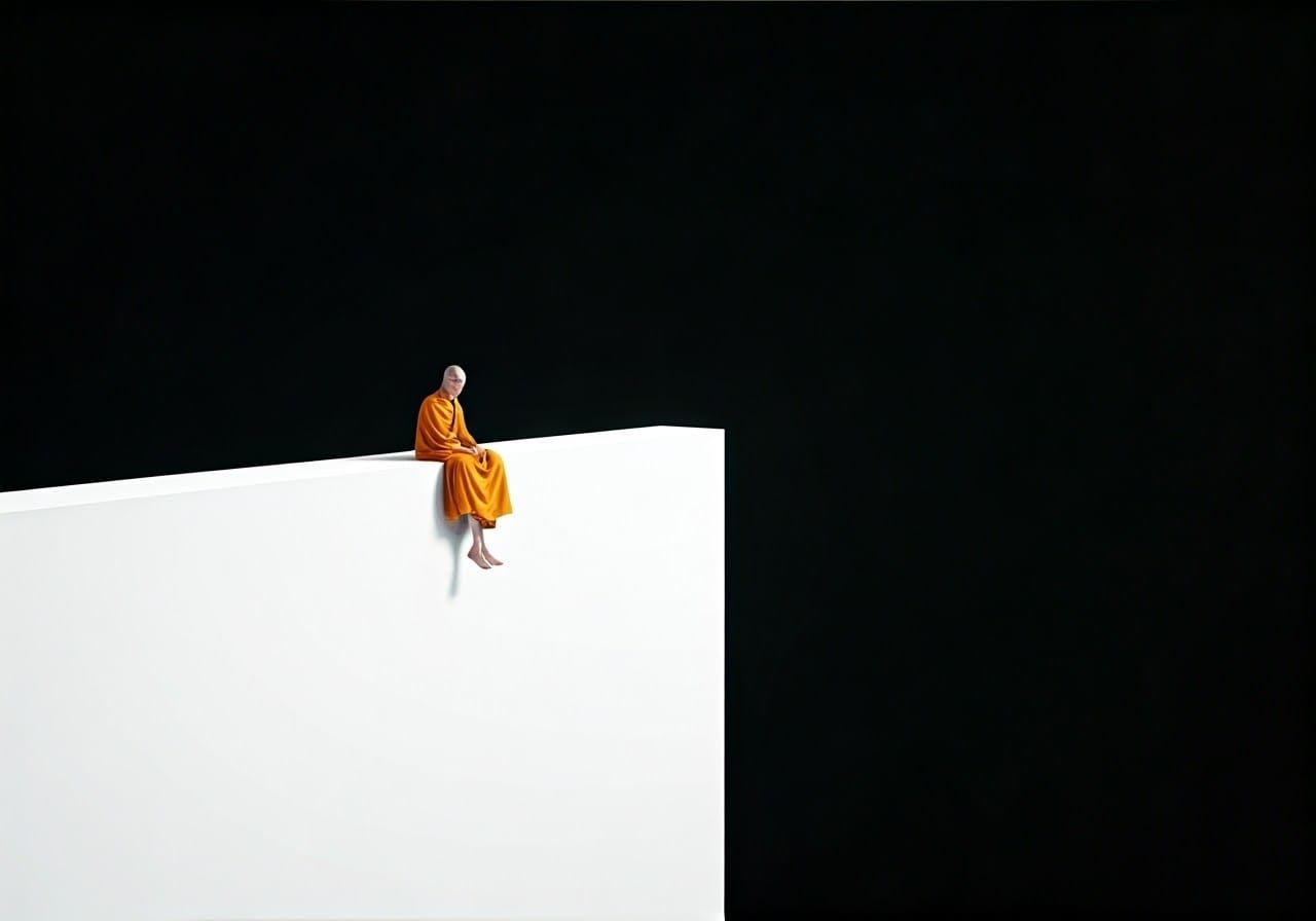 Surrealist Monk Contemplates in Golden Light