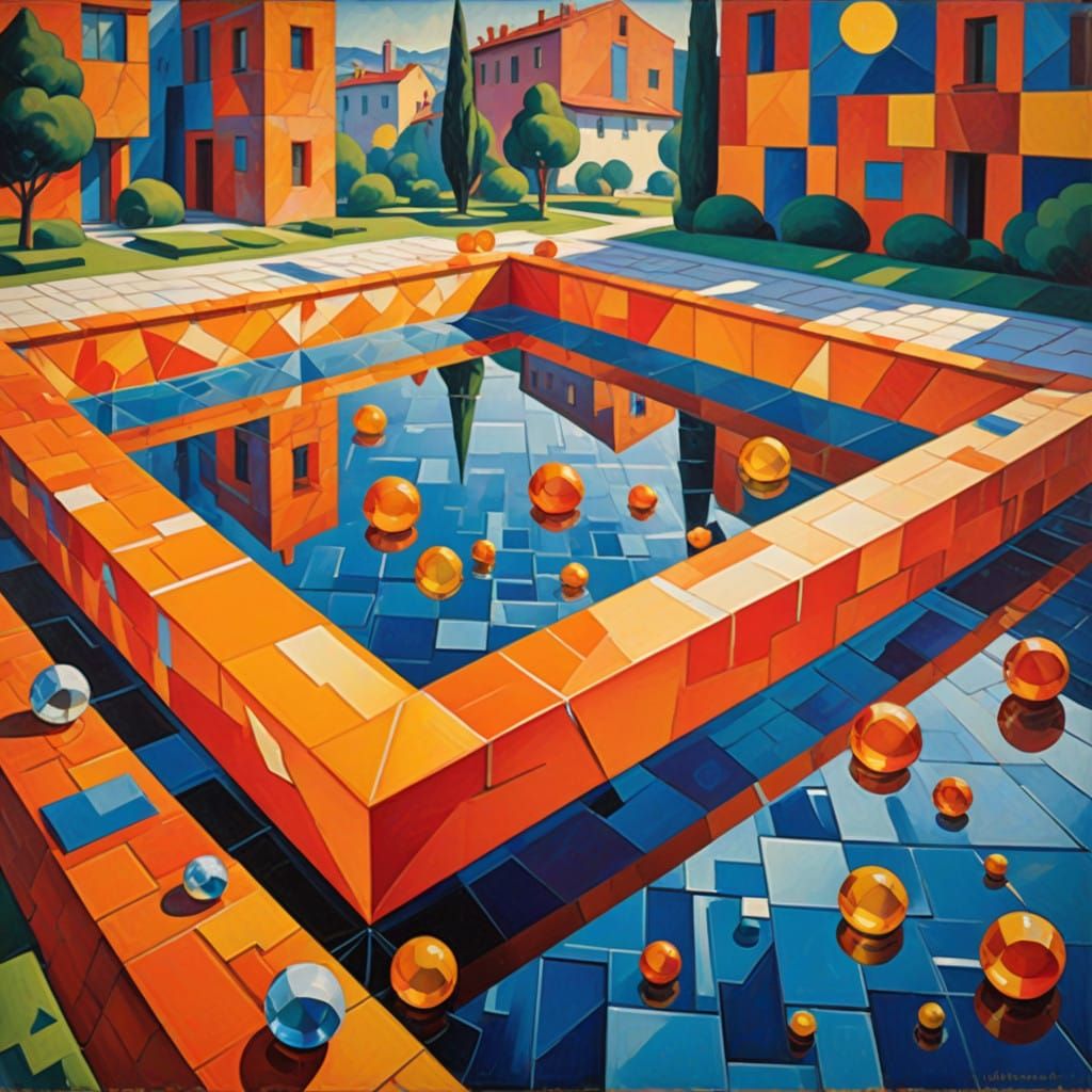 Vibrant, Oversized Pool in Distorted Cubist Perspective